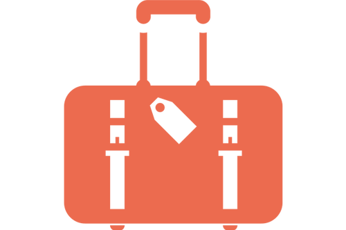 An orange suitcase with a handle and a lock, with two vertical straps and a luggage tag attached.