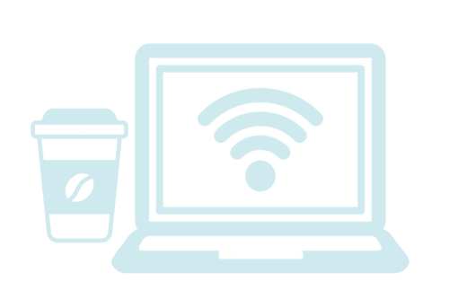 Graphic of a coffee cup and a laptop displaying a Wi-Fi signal on the screen, in a minimalist style.