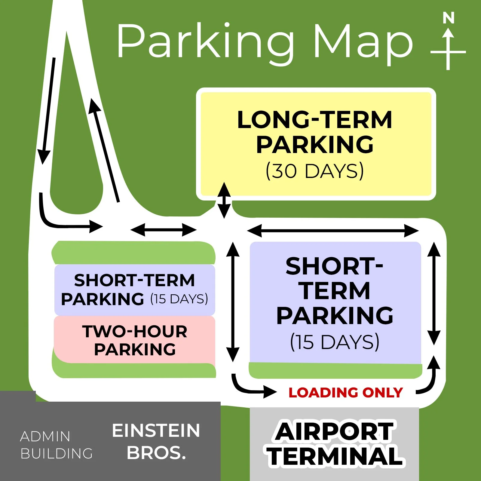 A simple parking map shows long-term parking at the north end of the airport's lot, and short-term parking and two-hour parking in other areas.