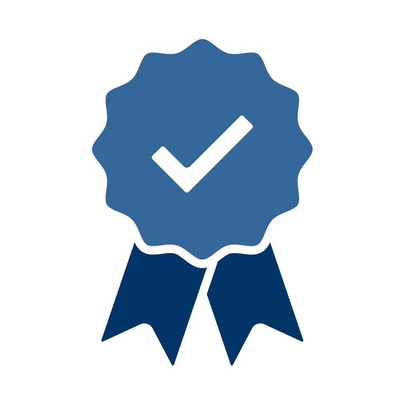 A blue award ribbon with a checkmark in the center.