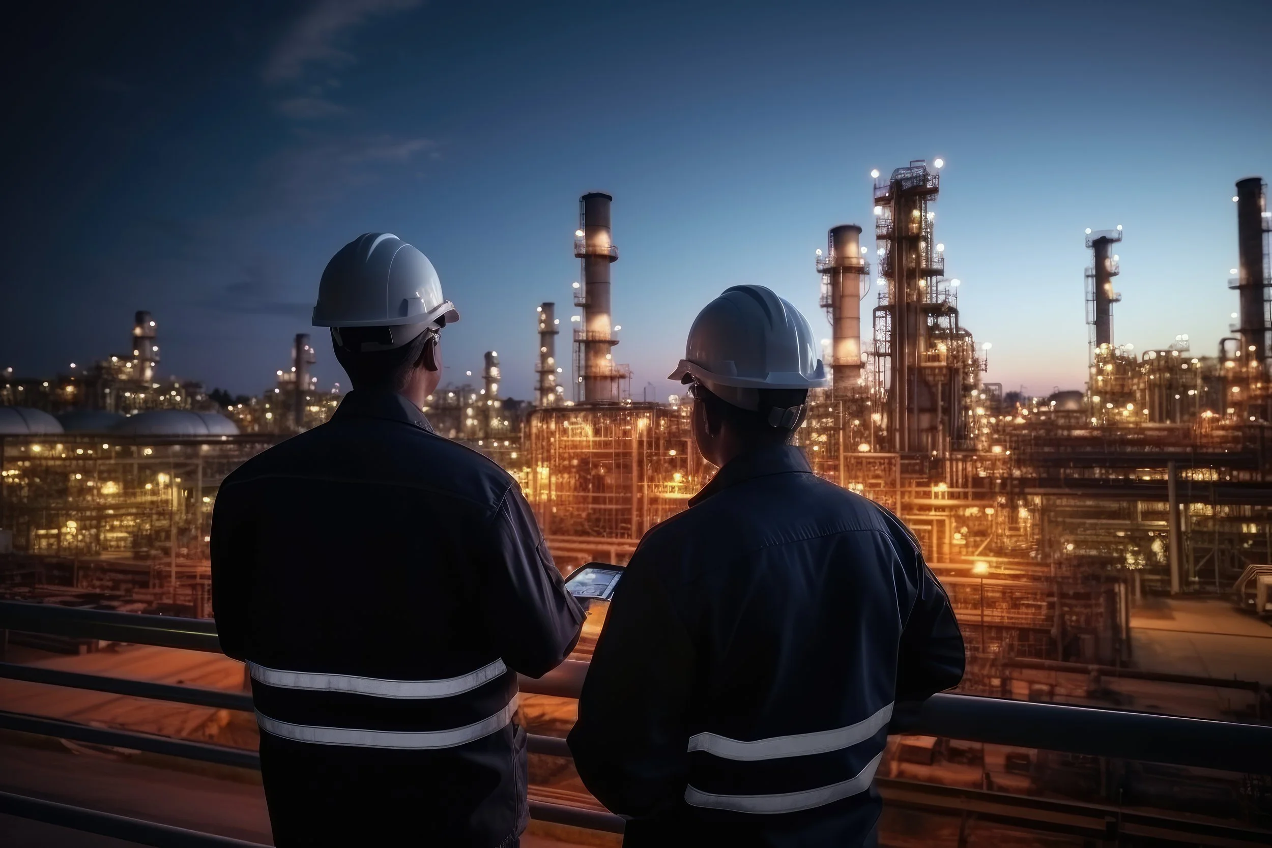 Two workers wearing safety helmets and reflective jackets observing an industrial plant at dusk.