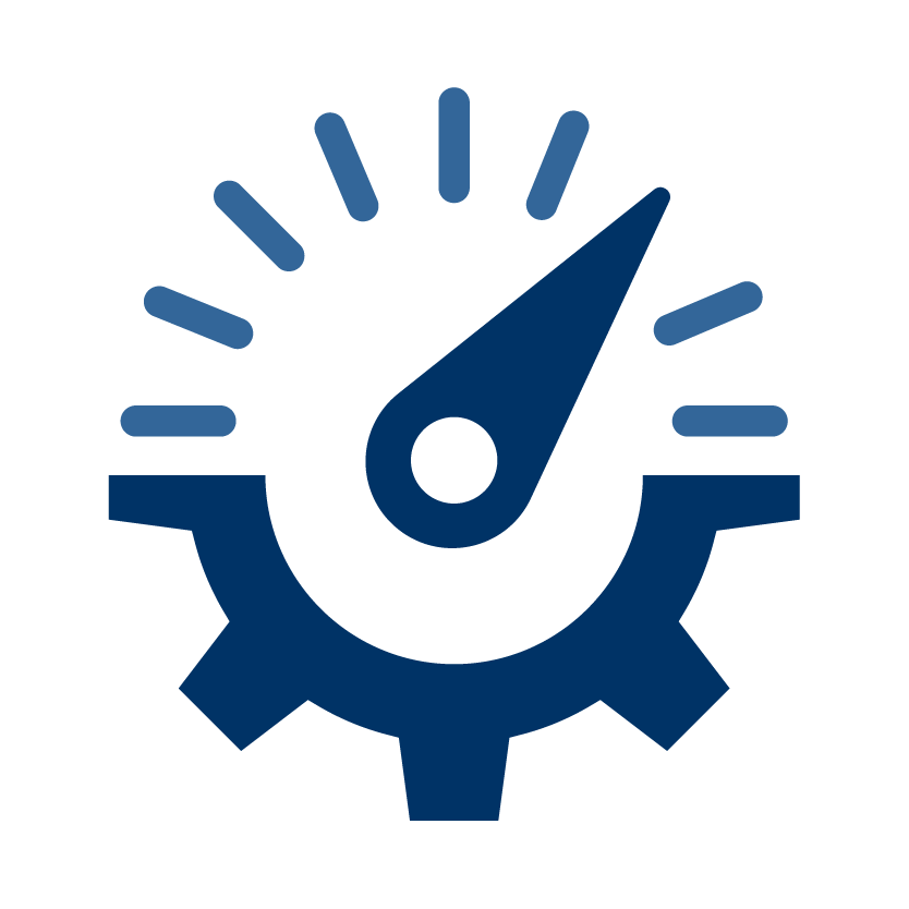 A blue speedometer gauge incorporated into a gear icon, symbolizing speed and mechanical engineering.