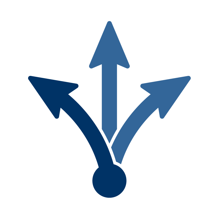A graphic of three arrows branching out from a central circle, pointing in different directions.