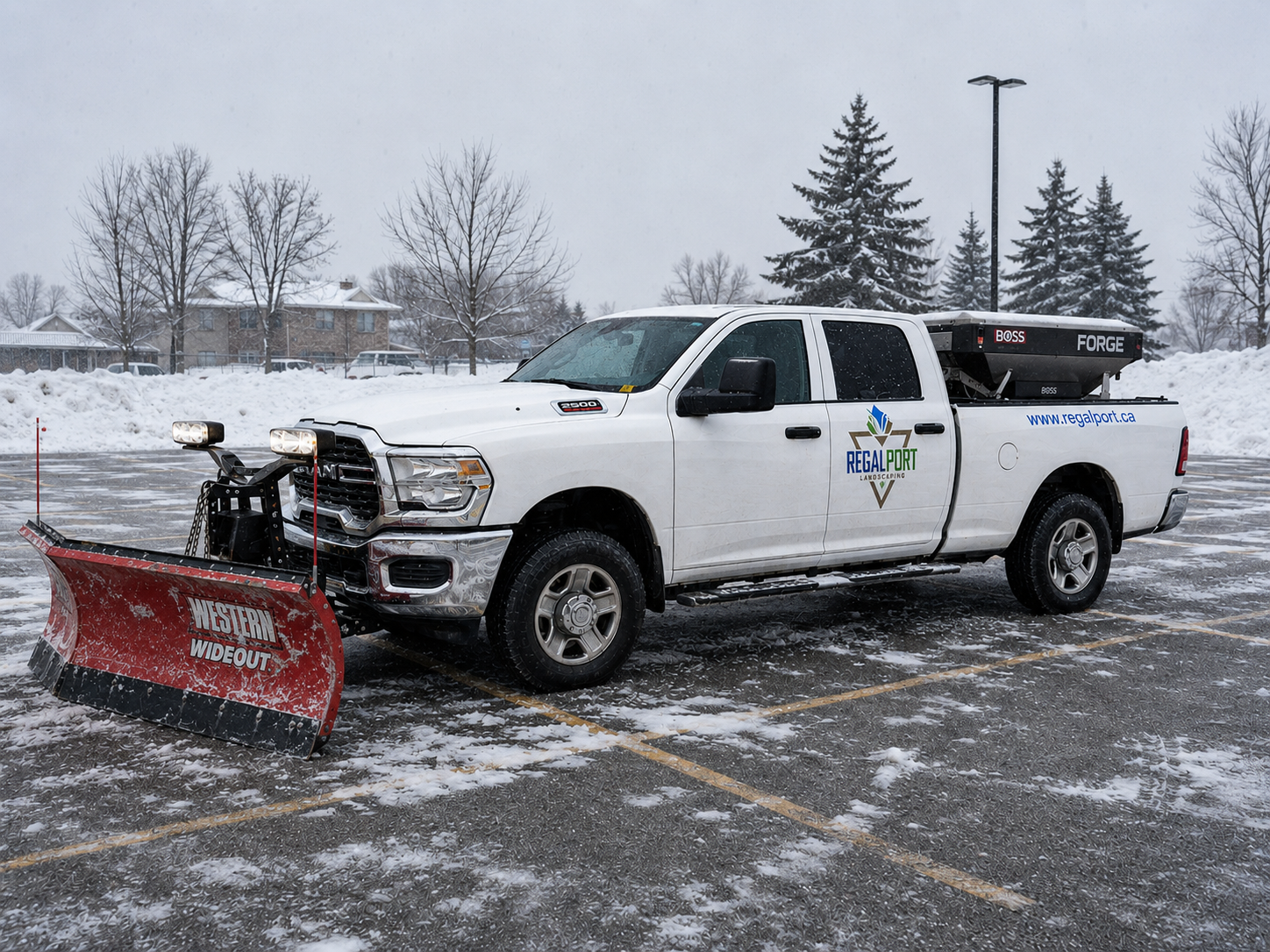 A white pickup truck equipped with a snow plow and snow removal equipment parked on a snow-covered parking lot during winter, with snow and trees in the background.