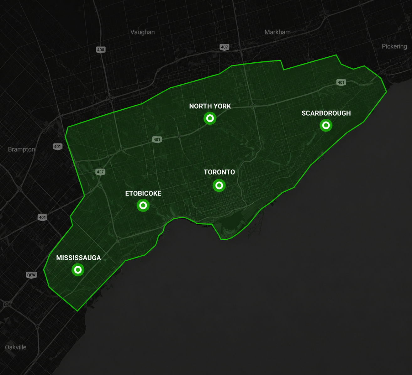 Map showing regions of Toronto, including North York, Scarborough, Etobicoke, Mississauga, and the central Toronto area, with green highlights and markers for specific locations.