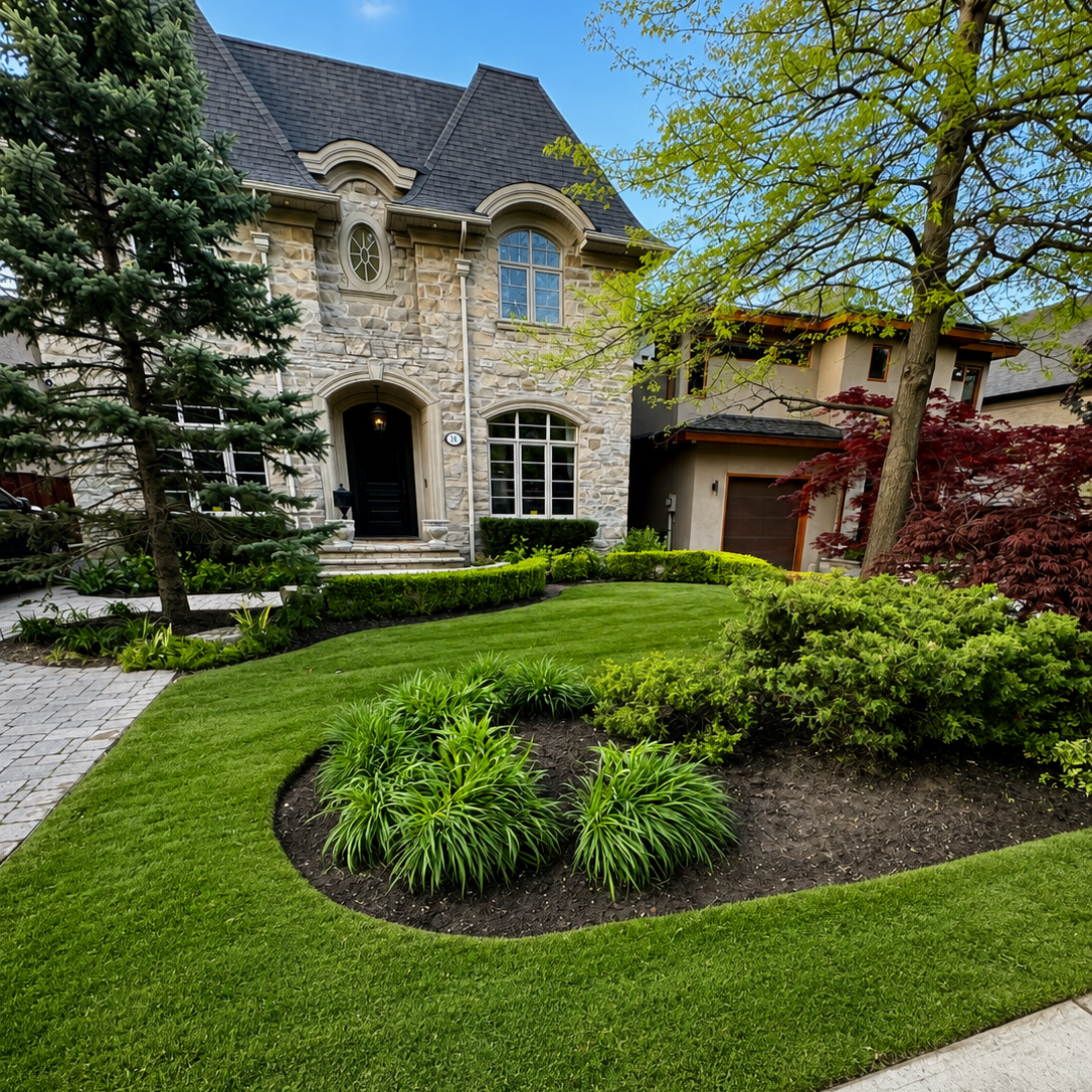 A landscaped front yard with green grass, trees, shrubs, and a stone house with arched windows and a front door.