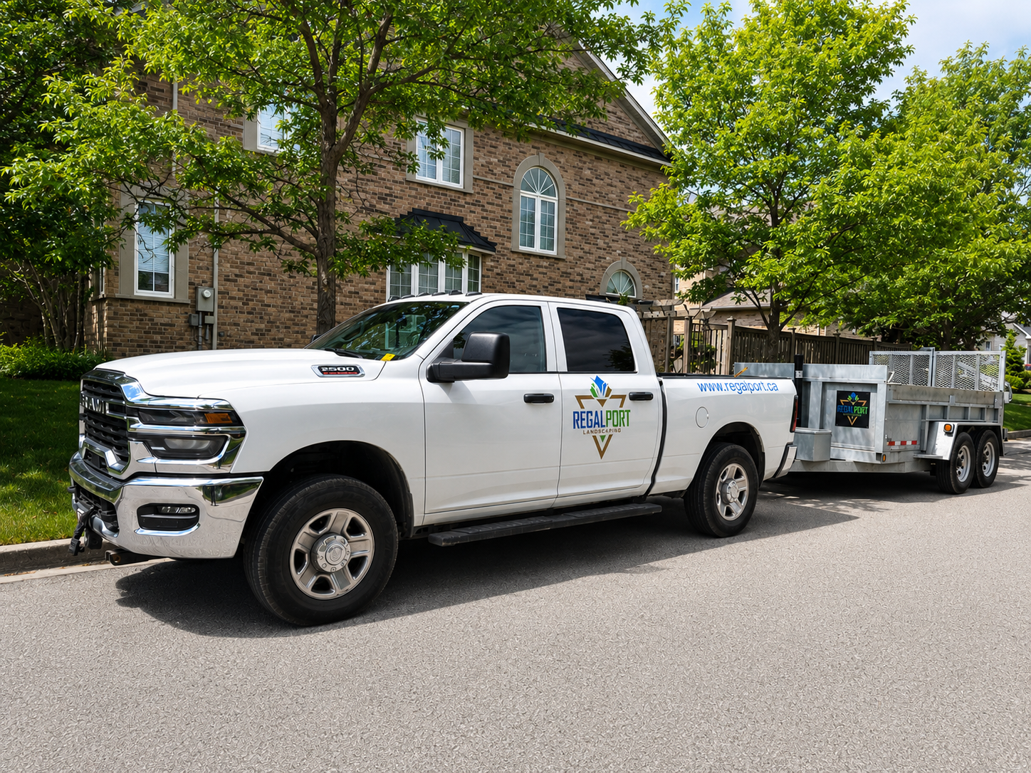 A white pickup truck with the logo and branding of RegalPort Landscaping parked on a residential street, next to a curb with green trees and a brick house in the background.