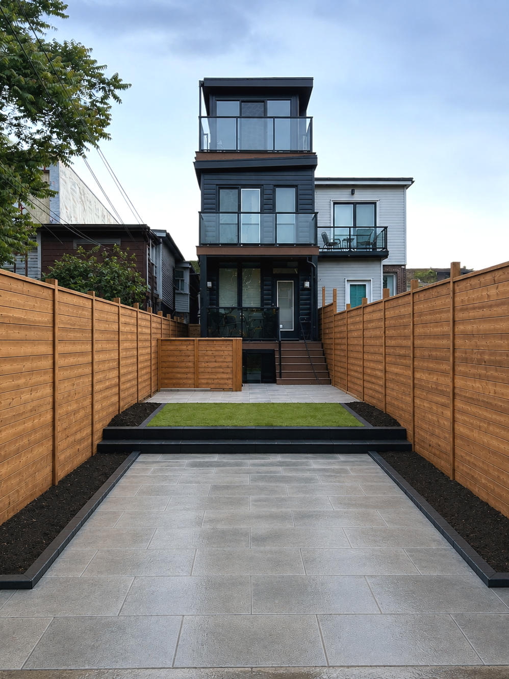 Backyard with a paved pathway, small grass patch, and a wooden fence surrounding a modern multi-story house with balconies and glass railings.