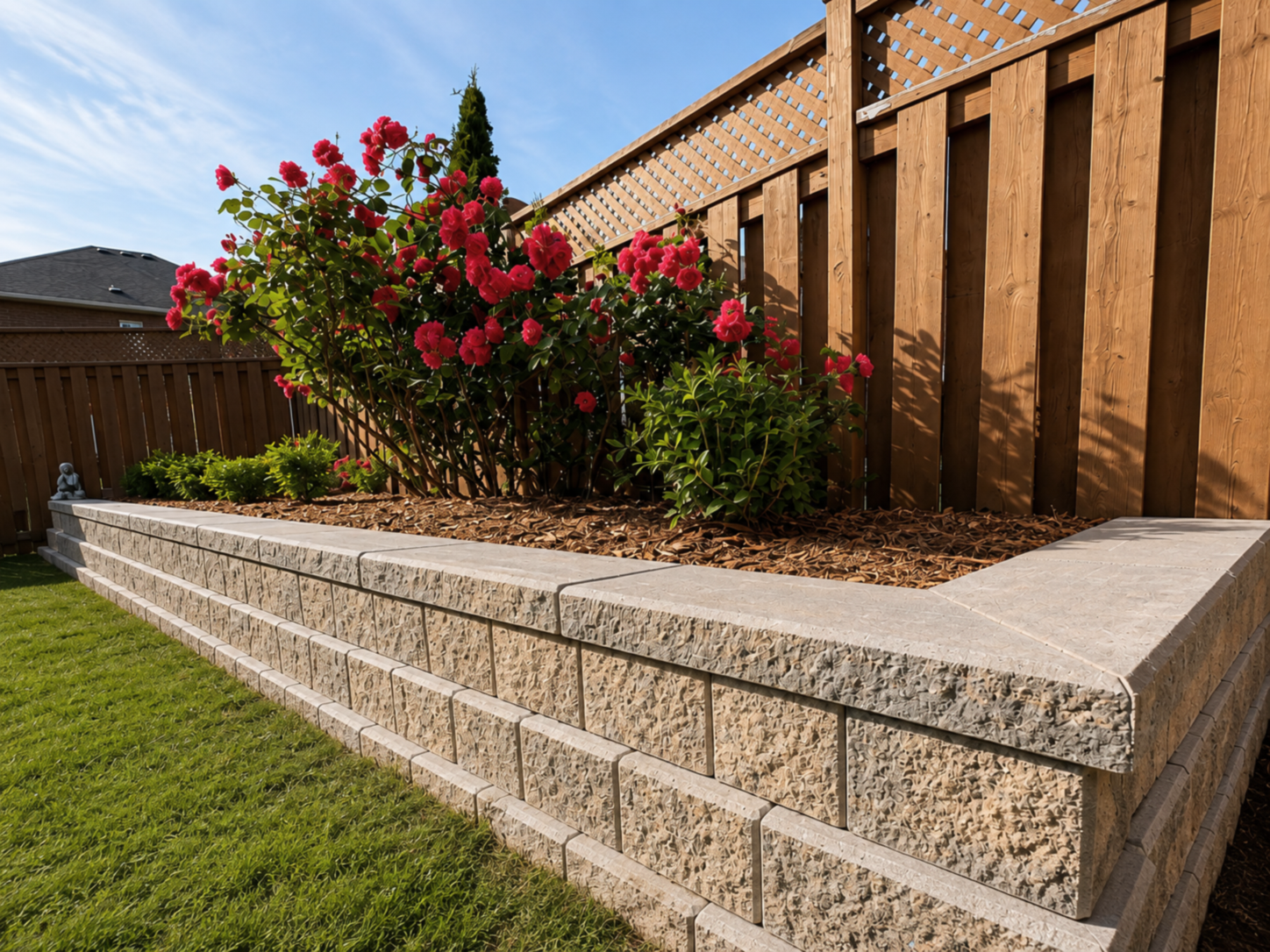 Raised garden bed with pink flowering shrubs, wooden privacy fence, and green grass under a blue sky.