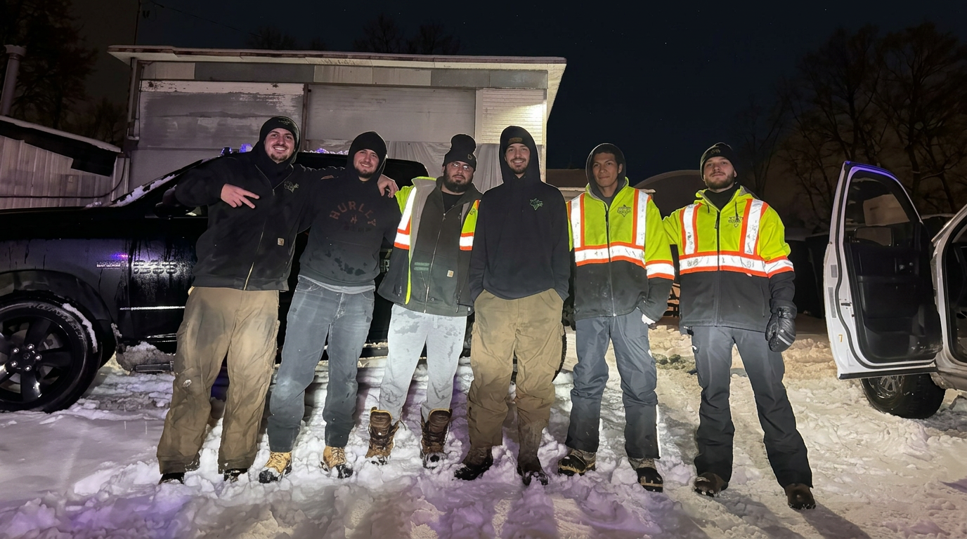 Seven men dressed in winter clothing and reflective jackets standing in snow at night, posing for a photo in front of vehicles.