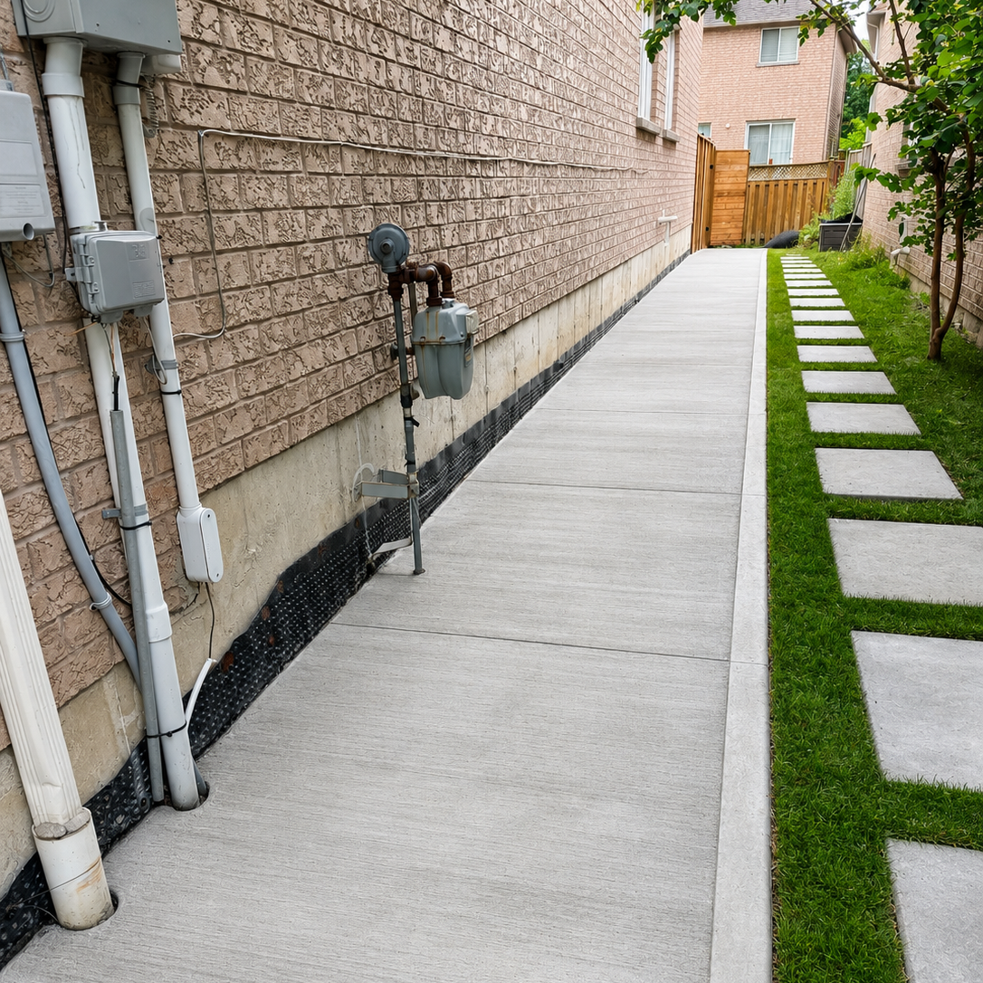 A concrete patio runs alongside a brick house, with electrical meters and pipes mounted on the wall on the left. To the right, a wooden fence separates the yard, where there is a grass area with square concrete stepping stones, trees, and outdoor furniture visible in the background.