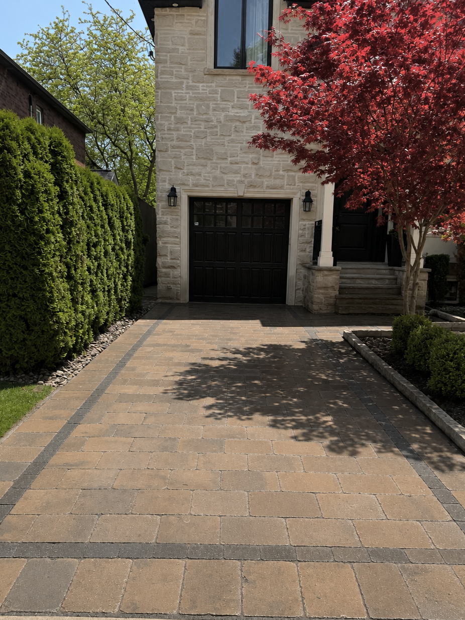 A paved driveway in front of a modern house with a black garage door, stone exterior, and steps leading to the front entrance. On the right side, there is a red-leaved tree, and on the left, a tall green hedge. Shadows of the tree are cast on the driveway.