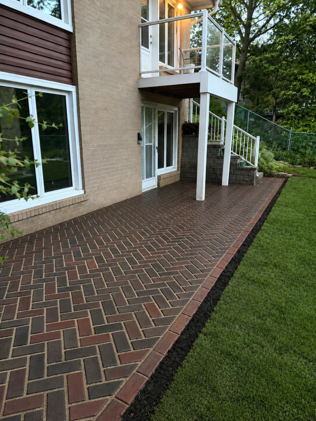 Backyard patio with brick paving, stairs leading to a balcony, and a sliding glass door, surrounded by a green lawn and trees.