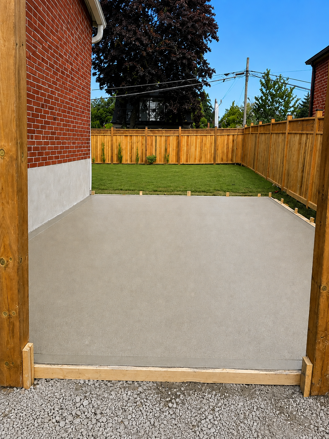 Backyard with a concrete patio area, green grass, young trees, wooden fence, and a utility pole in the background.