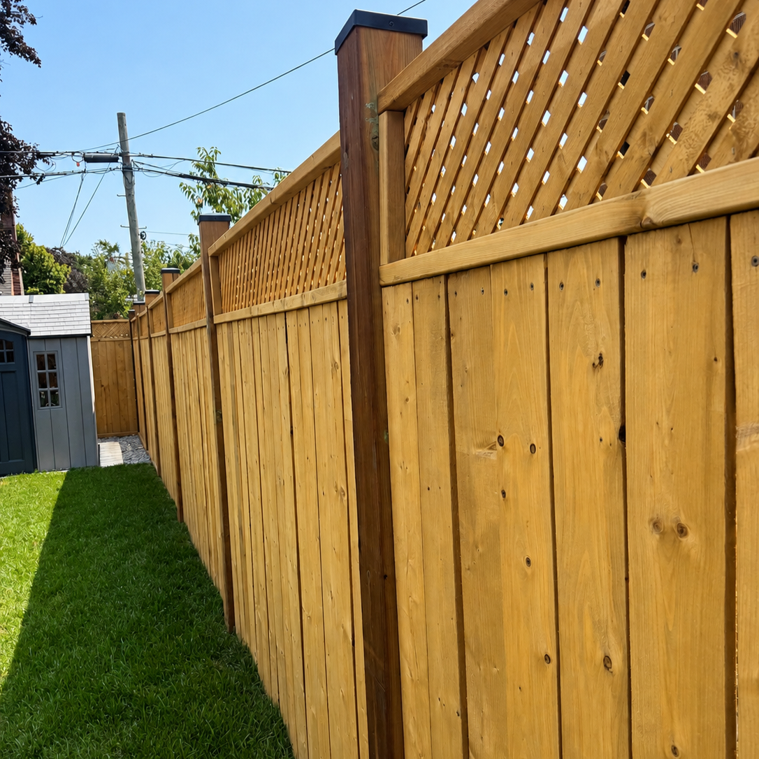 Wooden privacy fence with lattice top in a backyard, with green grass and a small shed, under a clear blue sky.