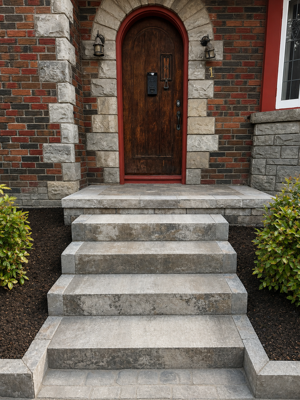 Front entrance of a brick house with stone steps, a wooden door, and foliage on both sides.