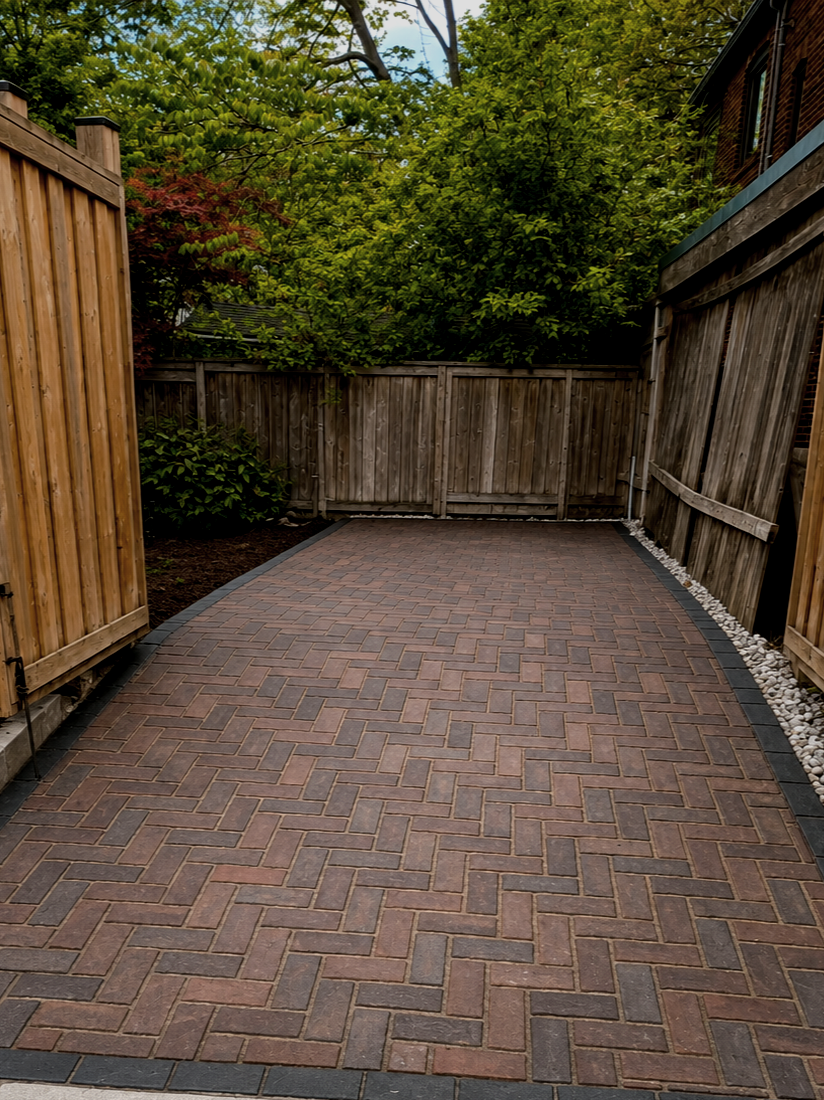 A freshly paved backyard pathway made of interlocking bricks, bordered by a wooden fence on both sides and greenery in the background.