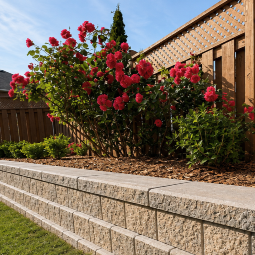 A garden with pink flowering bushes behind a stone retaining wall, with a wooden fence and lattice privacy screen in the background, under a blue sky.