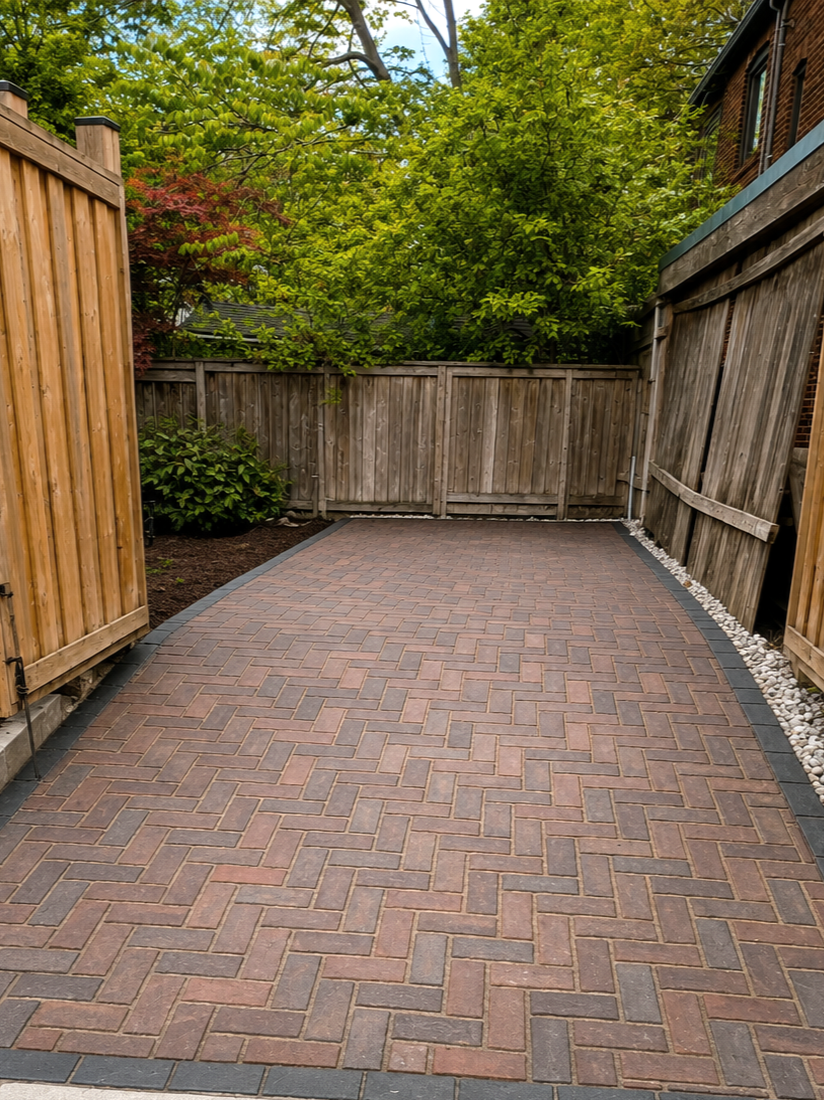 Backyard with paved brick patio, wooden fence, trees, and shrubs.
