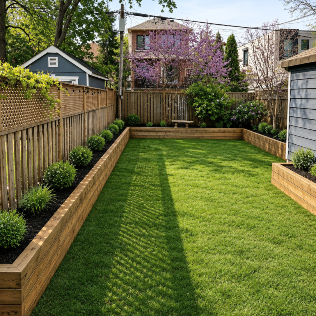 A well-maintained backyard with a green lawn, wooden raised garden beds with plants, and a wooden fence. There are trees, including one with pink blossoms, and nearby houses are visible in the background.