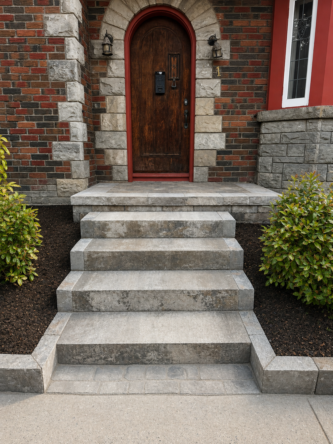 Front entrance to a brick house with a dark wooden door, four stone steps leading up to the door, flanked by green bushes, and two on-wall lanterns.