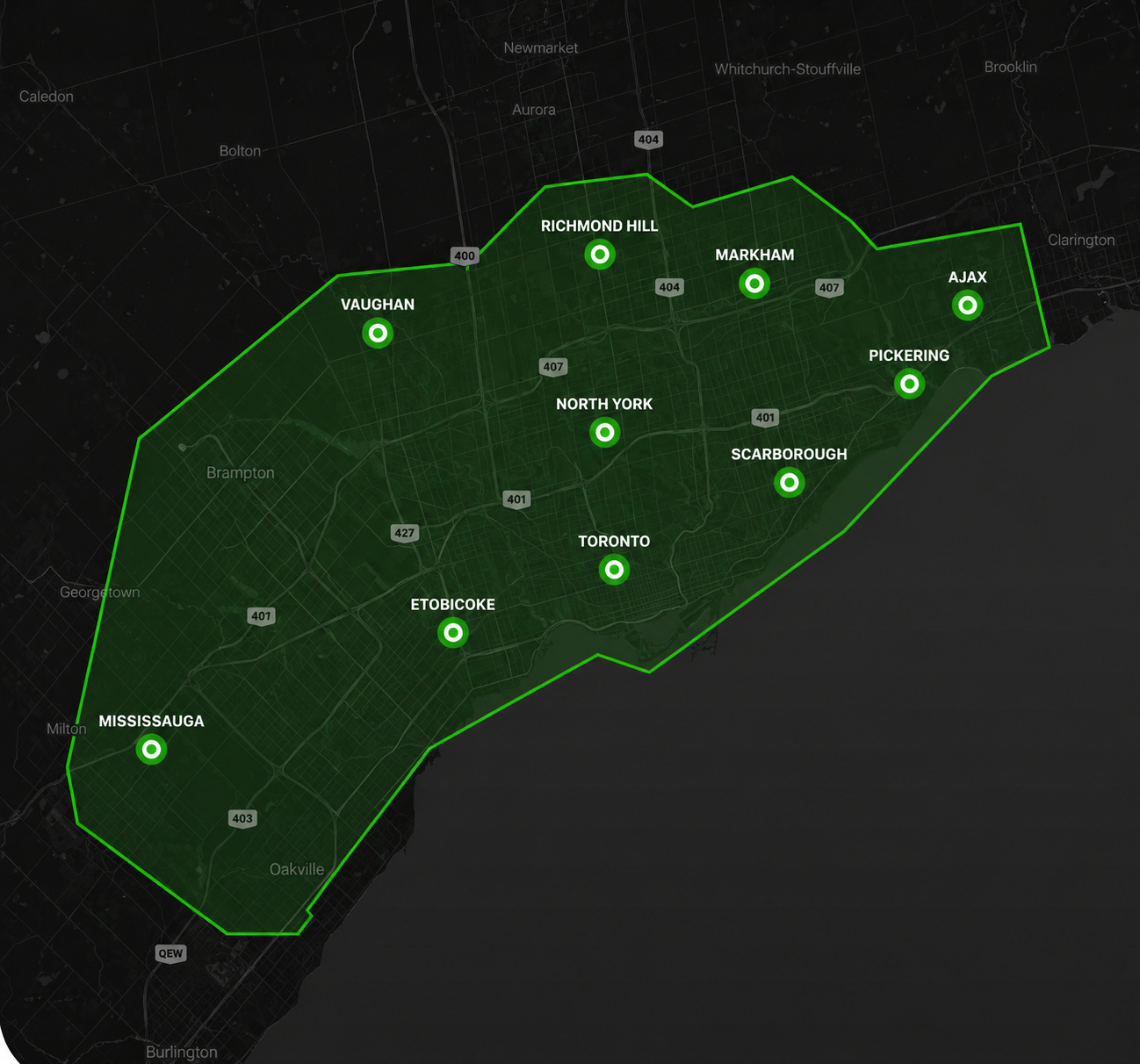 Map of the Greater Toronto Area with various cities labeled, including Mississauga, Etobicoke, Toronto, North York, Vaughan, Richmond Hill, Markham, Ajax, Pickering, Scarborough, and surrounding areas, highlighted in green with boundary lines.