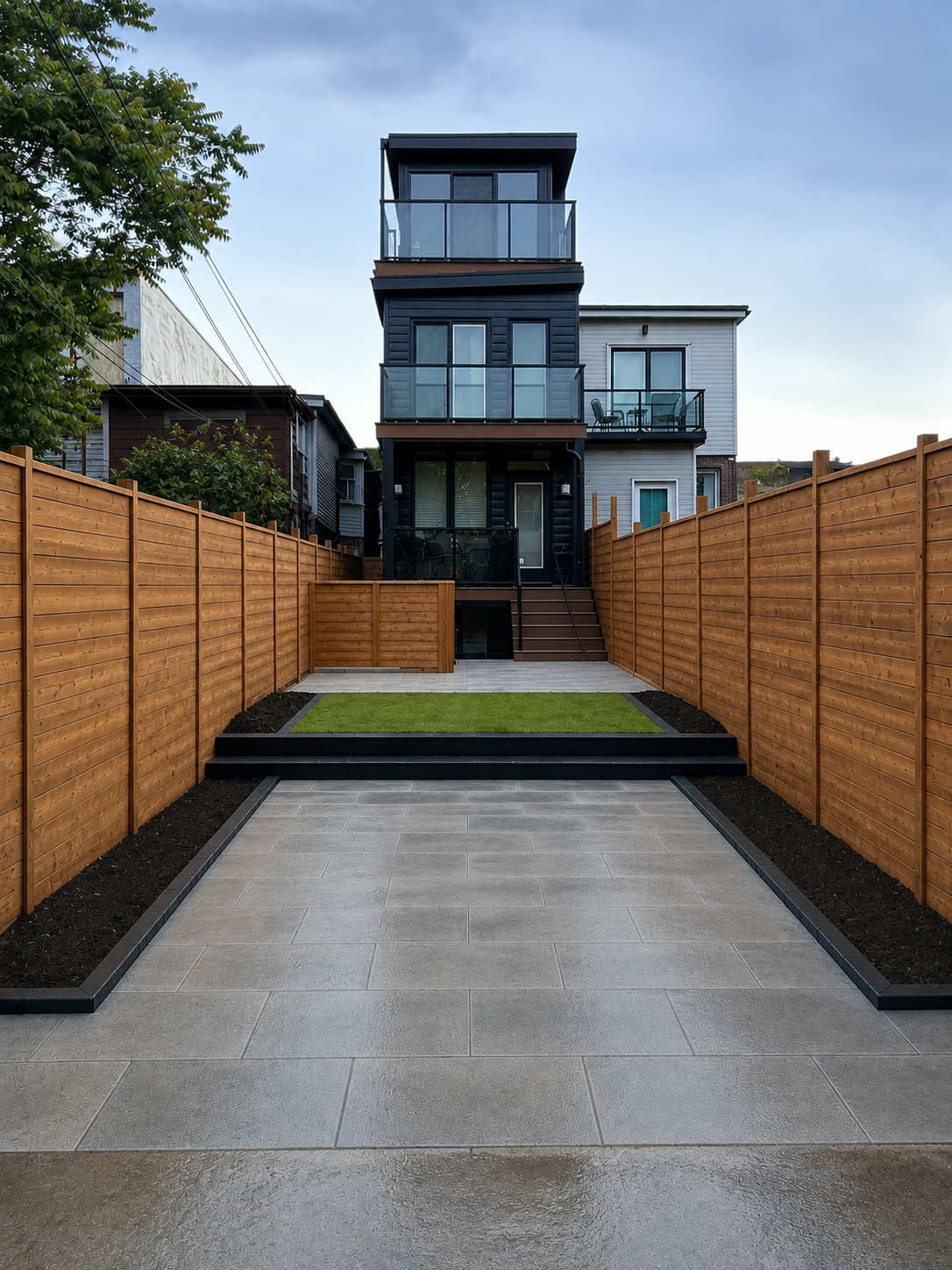 Backyard with tiled patio, small lawn area, and wooden privacy fence, leading up to a modern multi-story house with balconies.