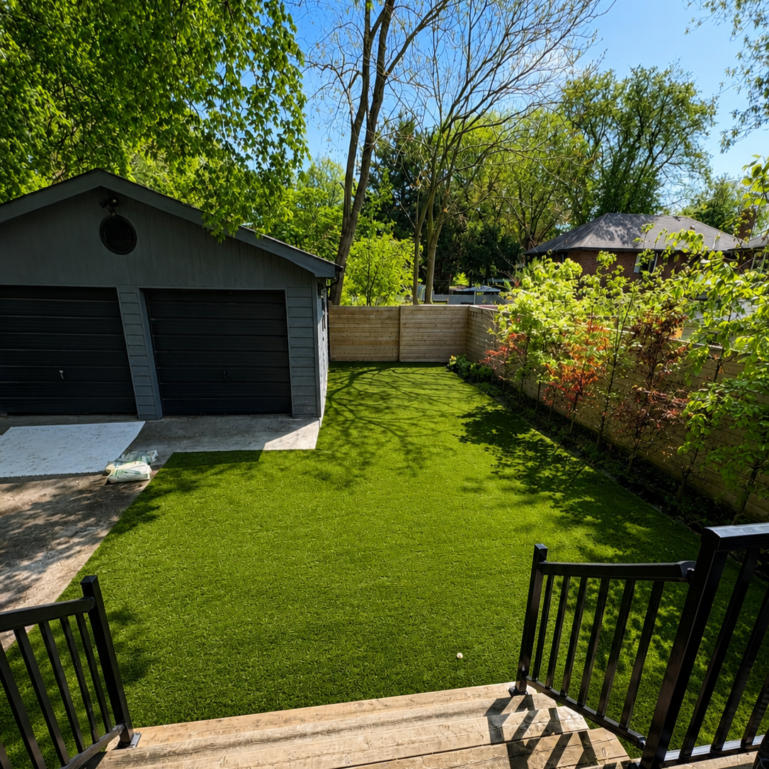 View of a backyard with a green lawn, a wooden fence, trees, and a shed with a dark roof and double garage doors. There is a deck with black railings in the foreground.