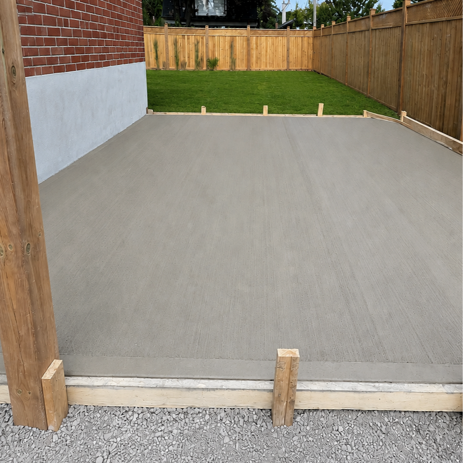 A backyard with a concrete patio, a grassy area, a wooden fence, and a brick and stucco house wall.