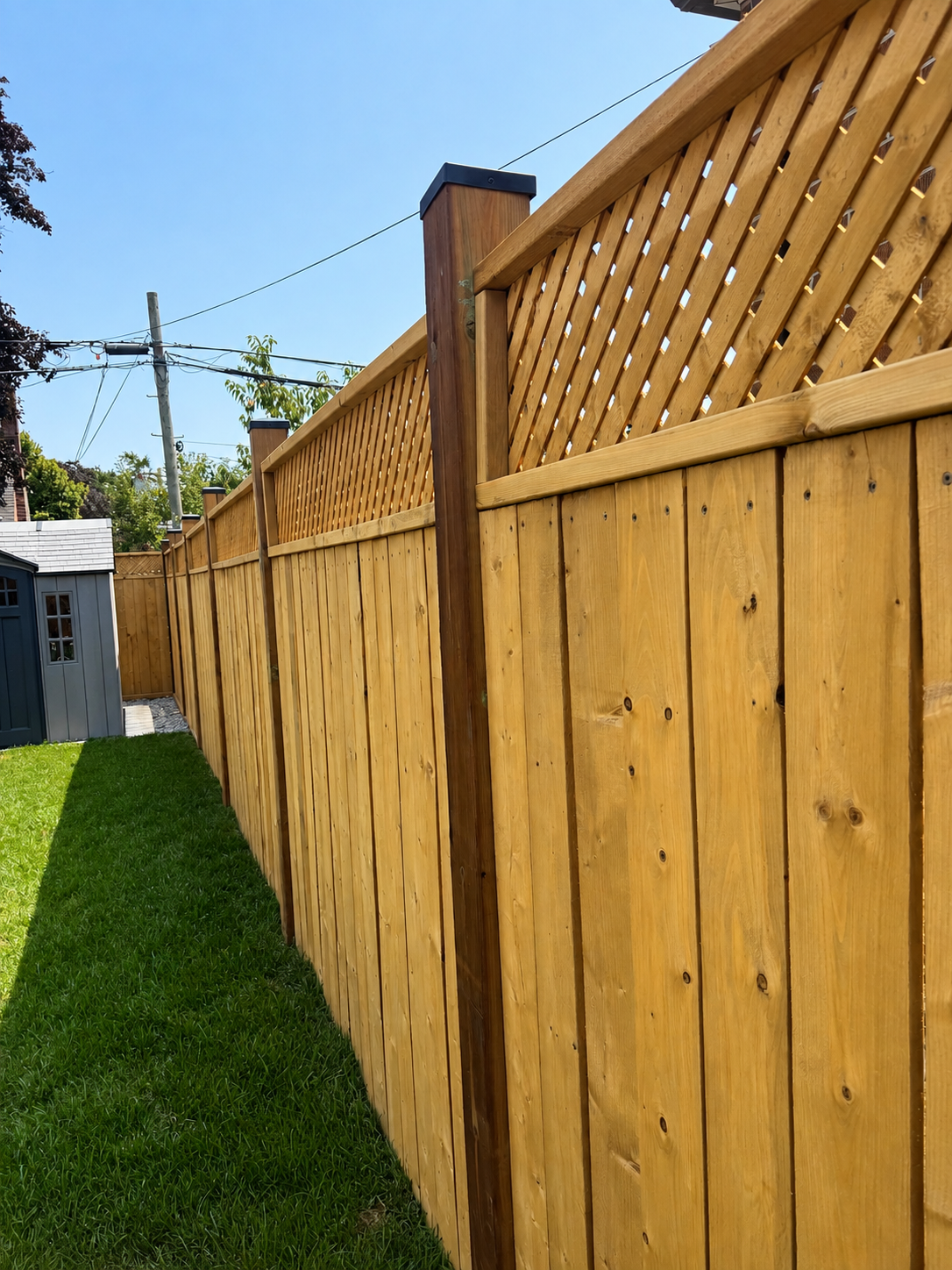 A wooden privacy fence with lattice top paneling along a well-maintained grassy backyard, with a small shed and utility poles in the background under clear blue sky.
