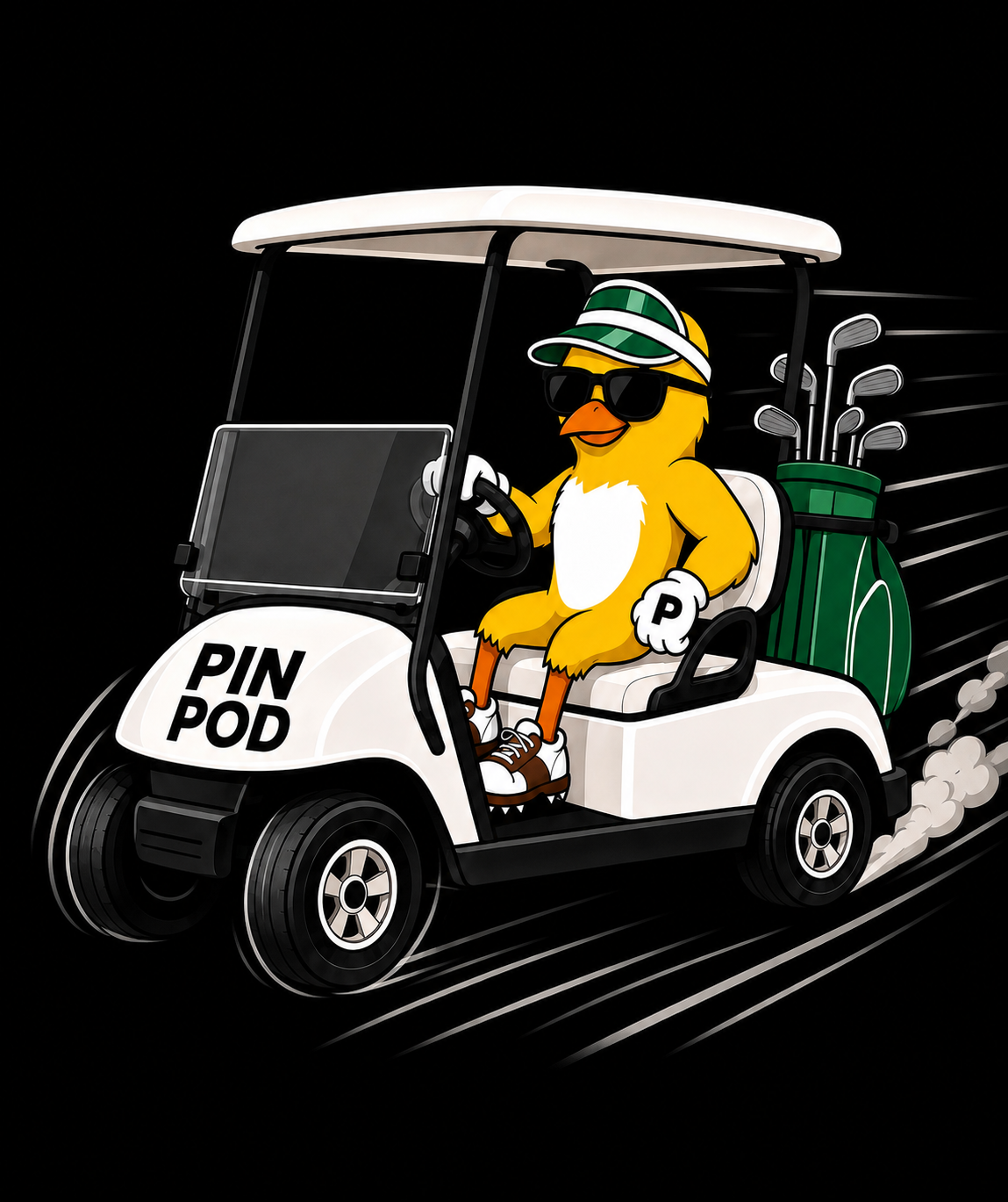 A cartoon duck wearing sunglasses and a golfer's hat driving a golf cart with a set of golf clubs in a bag behind it, labeled "PIN POD."