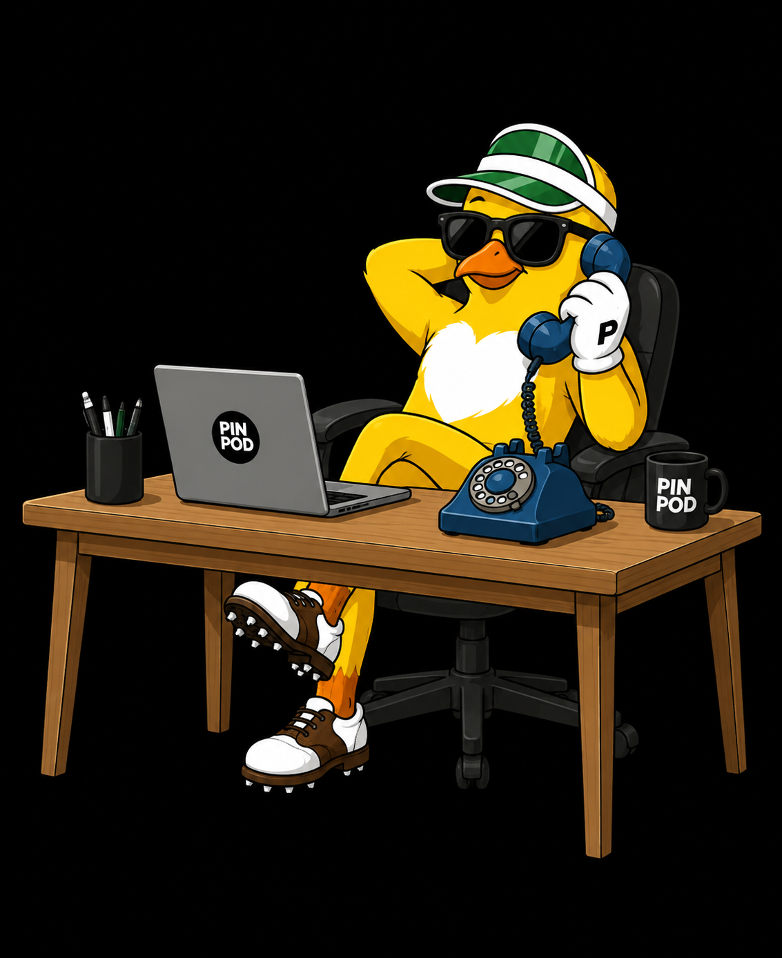 Cartoon duck in sunglasses and a cap sitting at a desk with a laptop, vintage telephone, and office supplies, with a black background.
