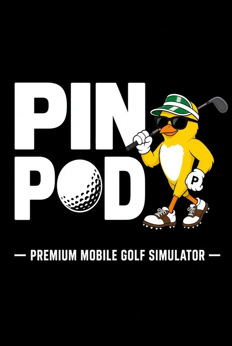 Logo for PIN POD, a premium mobile golf simulator, featuring a cartoon golf chick wearing sunglasses, a golfing visor, sneakers, and holding a golf club.