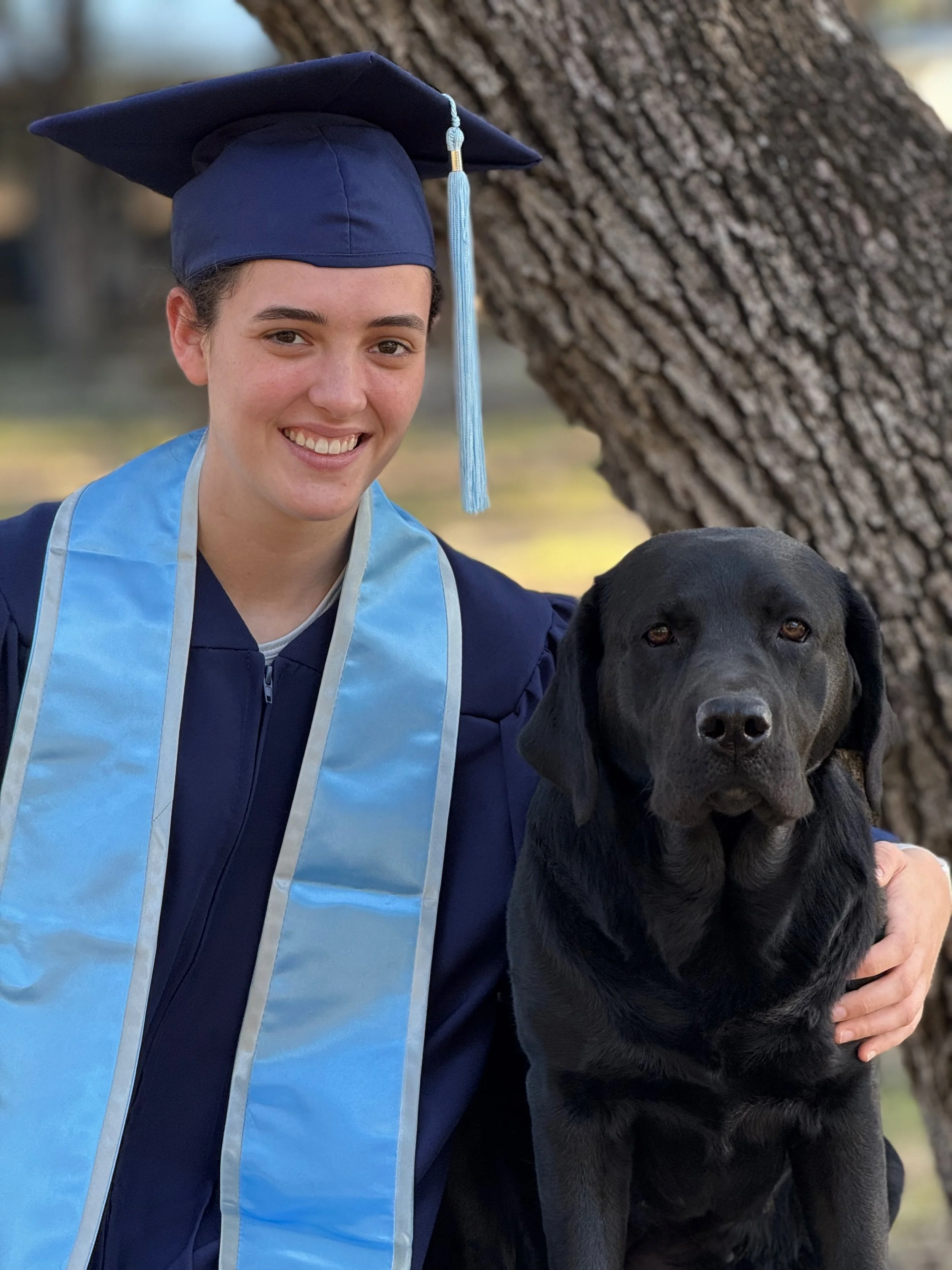 A young woman in a graduation cap and gown smiling with a black Labrador Retriever puppy outside near a tree.