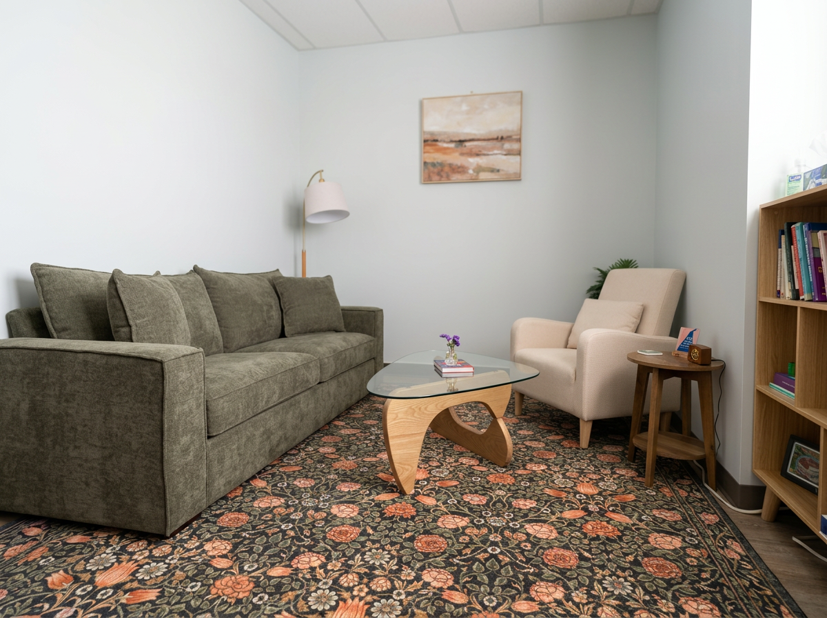 Living room with a gray sofa, beige armchair, glass coffee table, wooden side table, patterned rug, bookshelf, and wall art.
