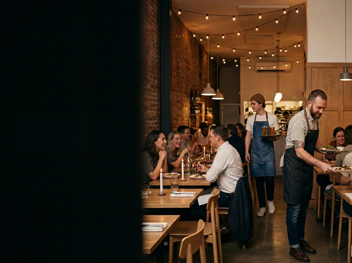 A busy restaurant interior with patrons dining at wooden tables, some engaged in conversation, and waitstaff serving food and drinks. The setting features warm lighting, exposed brick walls, and cozy atmosphere.