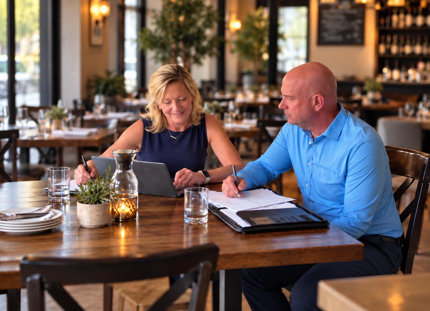 A man and woman sitting at a wooden table in a restaurant, looking at a tablet and taking notes, with water glasses, a potted plant, and a candle on the table.