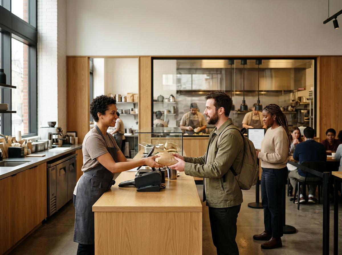 A customer at a cafe counter receiving a to-go order from a barista while other customers wait in line and sit in the background.