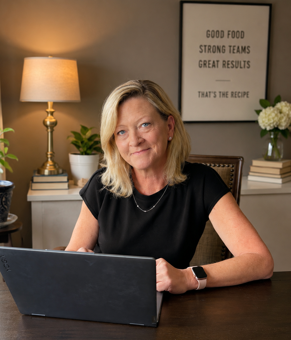 A woman with blonde hair, wearing a black shirt and a smartwatch, sitting at a desk with a laptop, in a home office decorated with plants, a lamp, and framed quote about good food, strong teams, and great results.