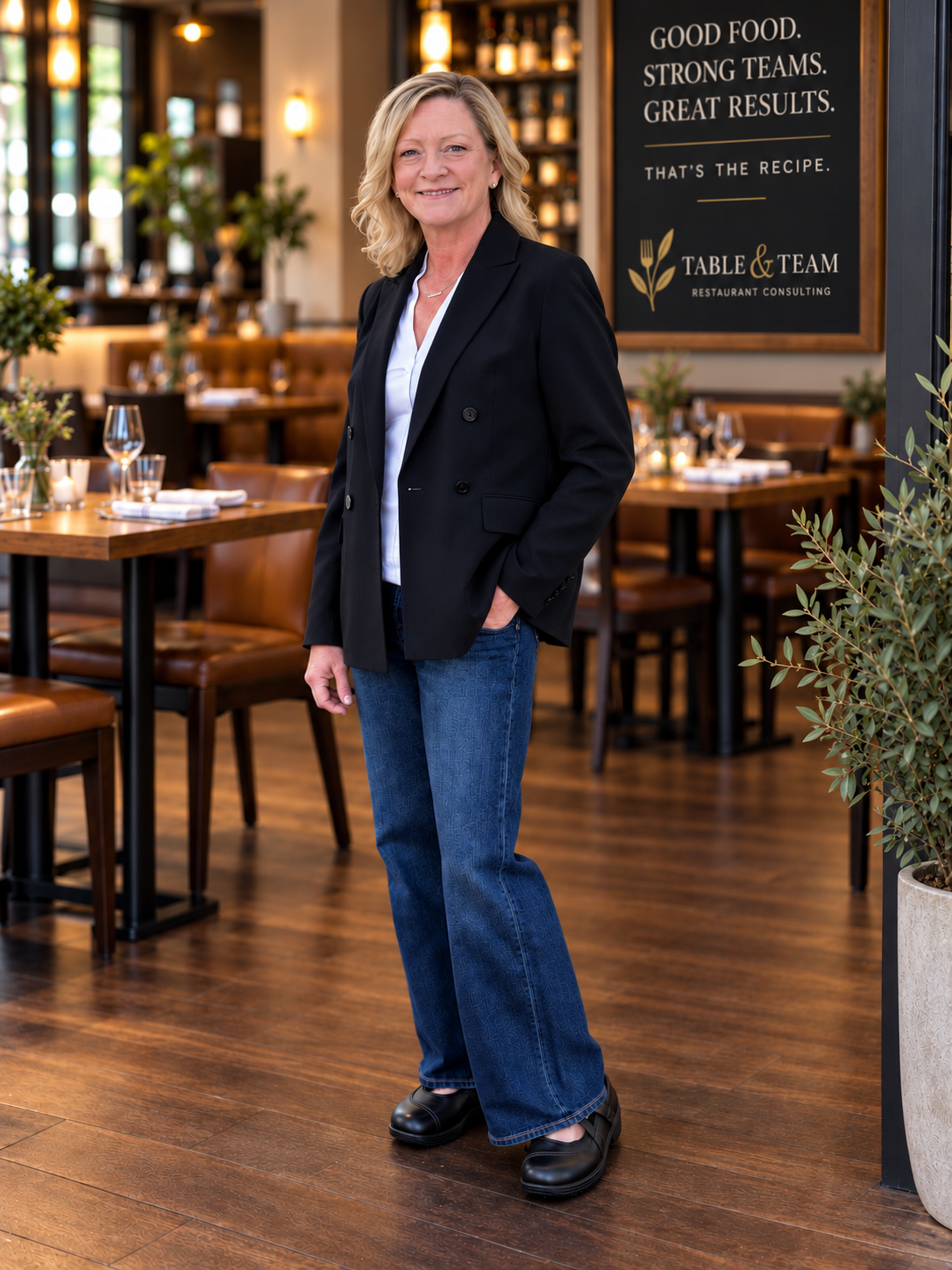 A confident woman in a black blazer, white shirt, and blue jeans standing inside a well-lit restaurant with wooden floors, tables, and chairs, and a decorative sign on the wall that reads, 'Good food. Strong teams. Great results. That's the recipe.'