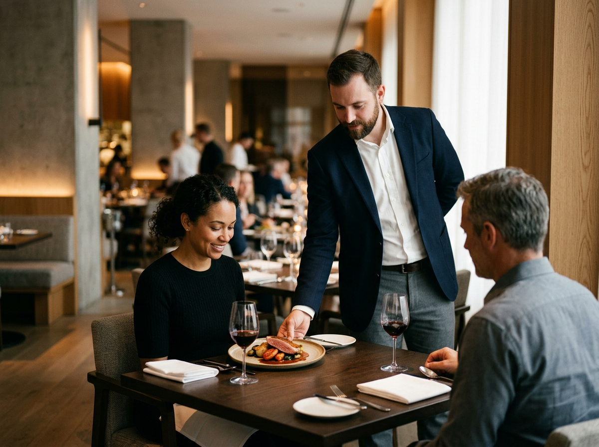 Waiter serving a plated dish of meat and vegetables to a smiling woman at a restaurant table, with a man sitting across from her, in a warmly lit dining room.