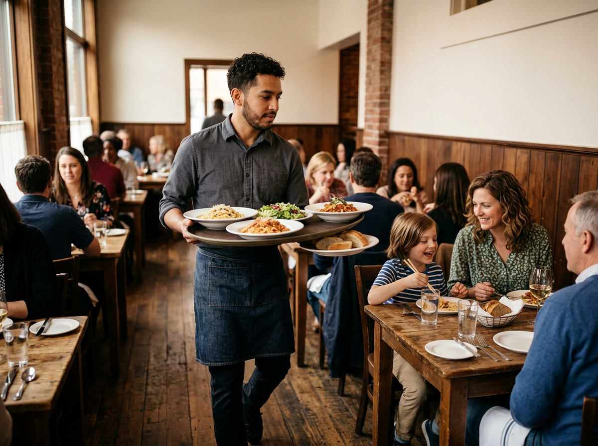 A waiter carrying a tray with four plates of food and bread in a busy restaurant with diners seated at wooden tables.