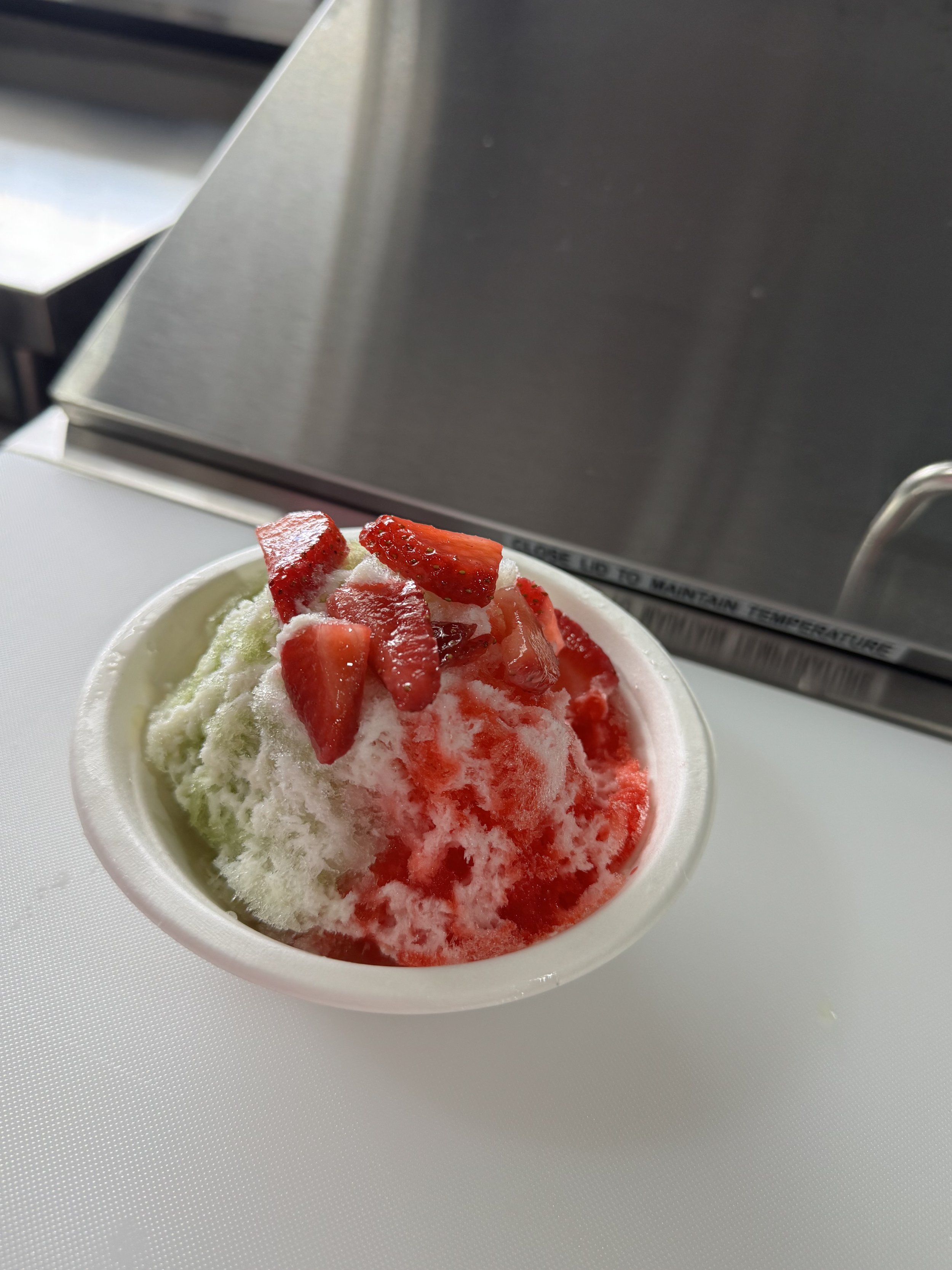 Matchaberry N Cream Hawaiian shave ice with fresh strawberries