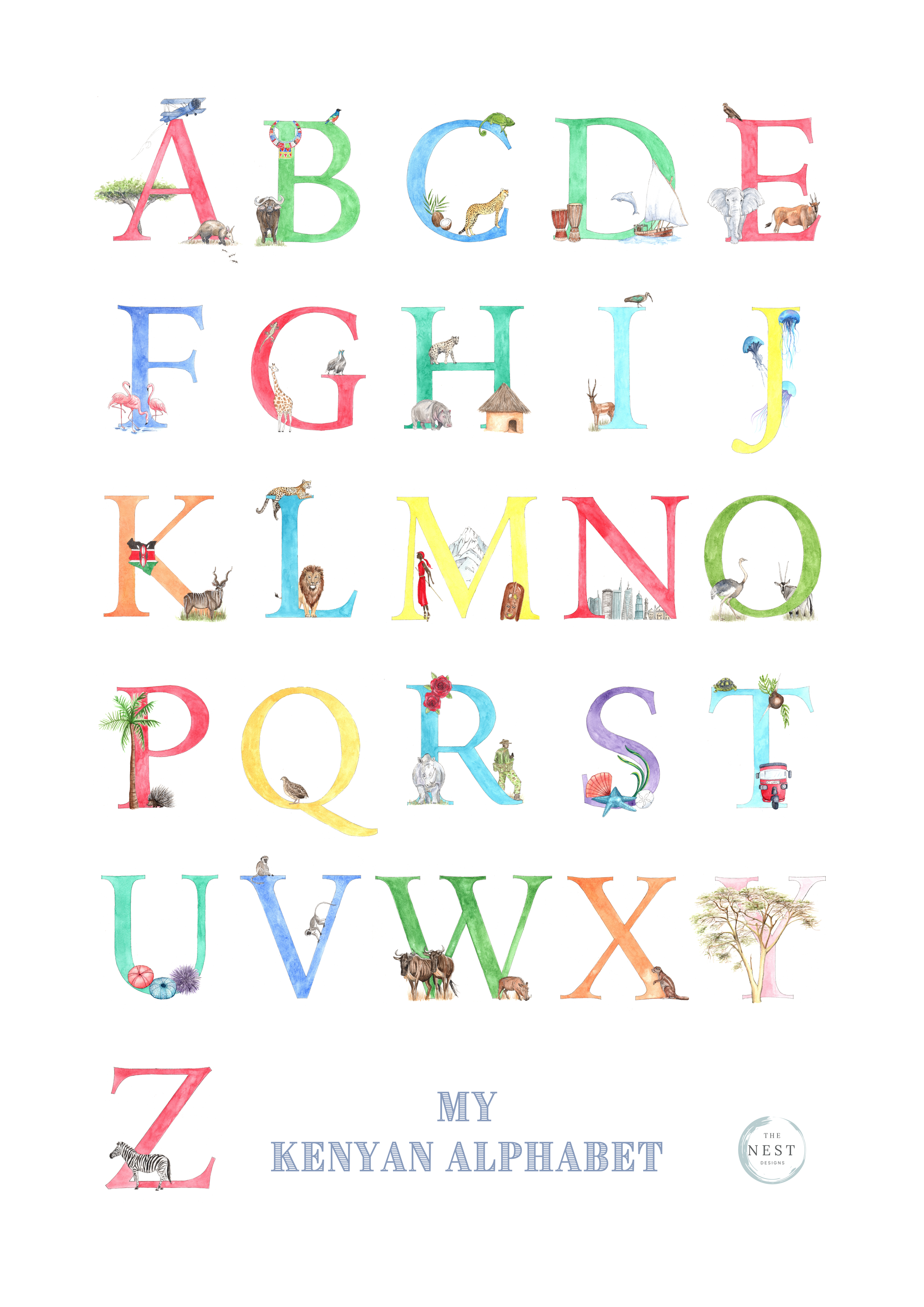 Colorful illustrated alphabet letters with Kenyan animals and scenery. The title says 'My Kenyan Alphabet' with a circular logo reading 'The Nest Designs' at the bottom right.