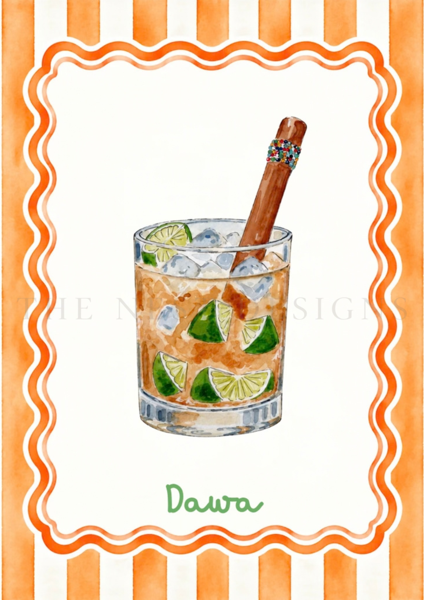 Illustration of a glass filled with a citrus beverage, ice cubes, and lime wedges, with a cinnamon stick topped with colorful sprinkles.