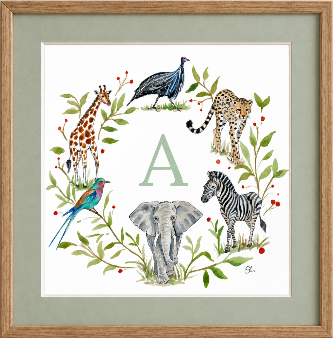 Watercolor illustration of six African animals arranged in a circle around a large letter 'A': a giraffe on the left, a peacock at the top, a cheetah on the right, a zebra at the bottom right, an elephant at the bottom center, and a colorful bird at the bottom left, surrounded by green leafy branches with red berries.