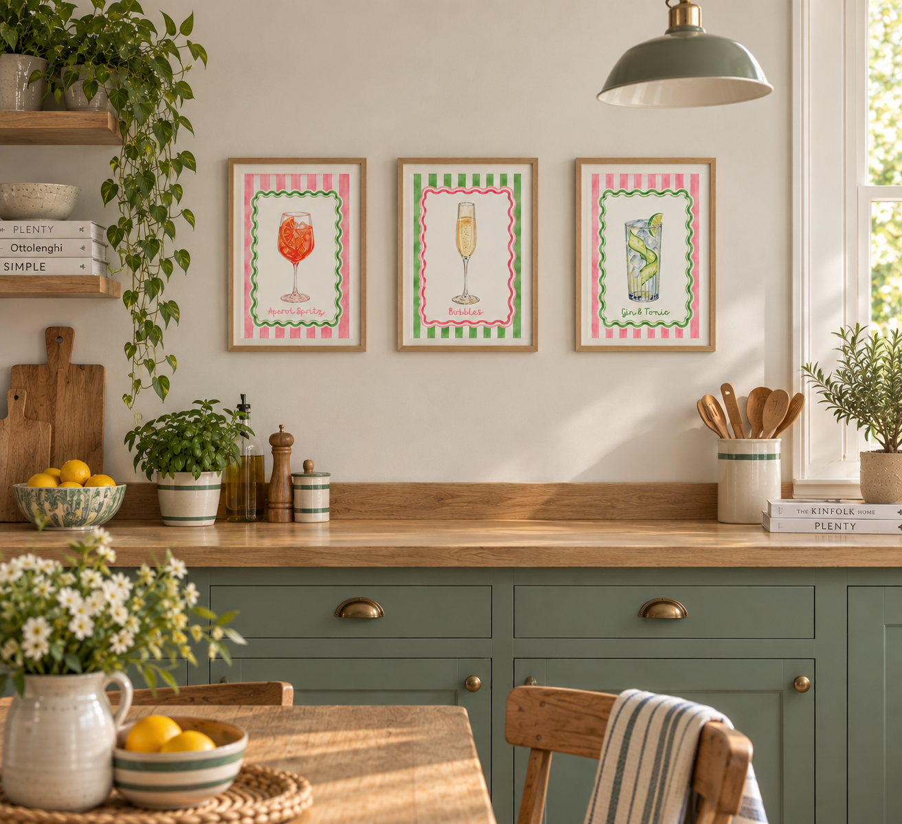 Kitchen with framed drink recipes on the wall, potted herbs, lemons, and kitchen utensils.