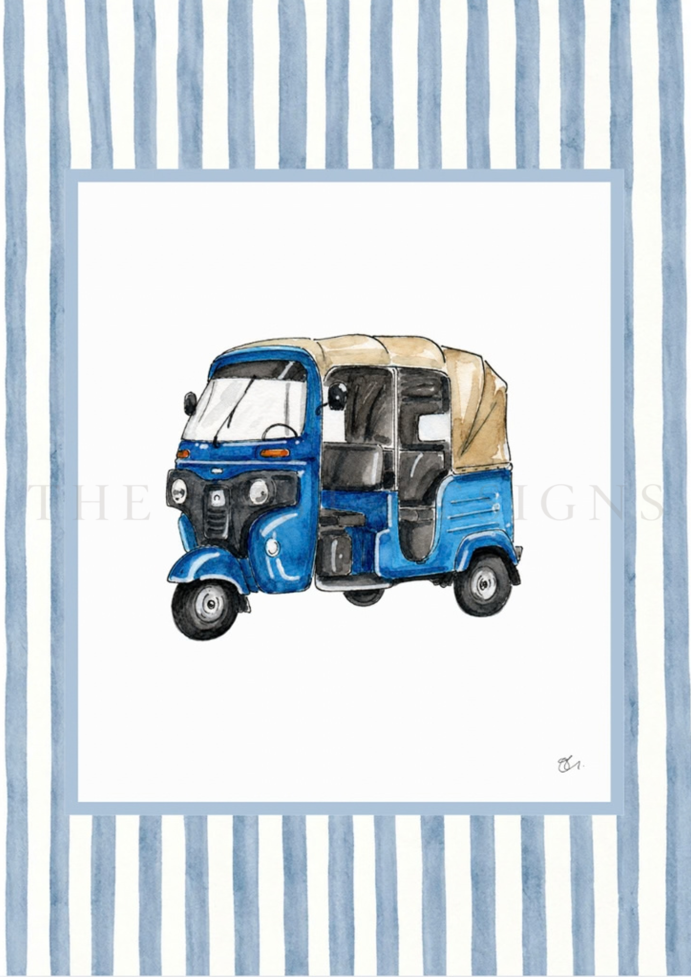 Watercolor painting of a blue auto rickshaw on white background with blue striped border.