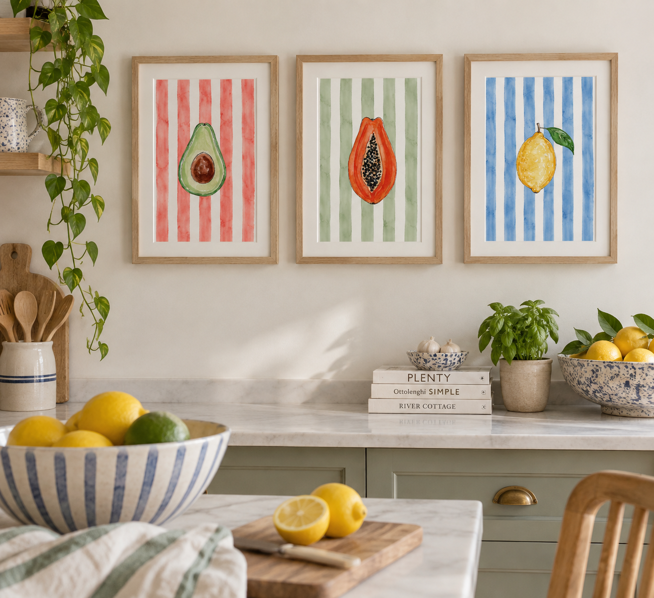 Three framed watercolor paintings of different fruits (avocado, papaya, and lemon) with striped backgrounds, hanging above a kitchen countertop decorated with bowls of lemons and limes, potted herbs, and books.
