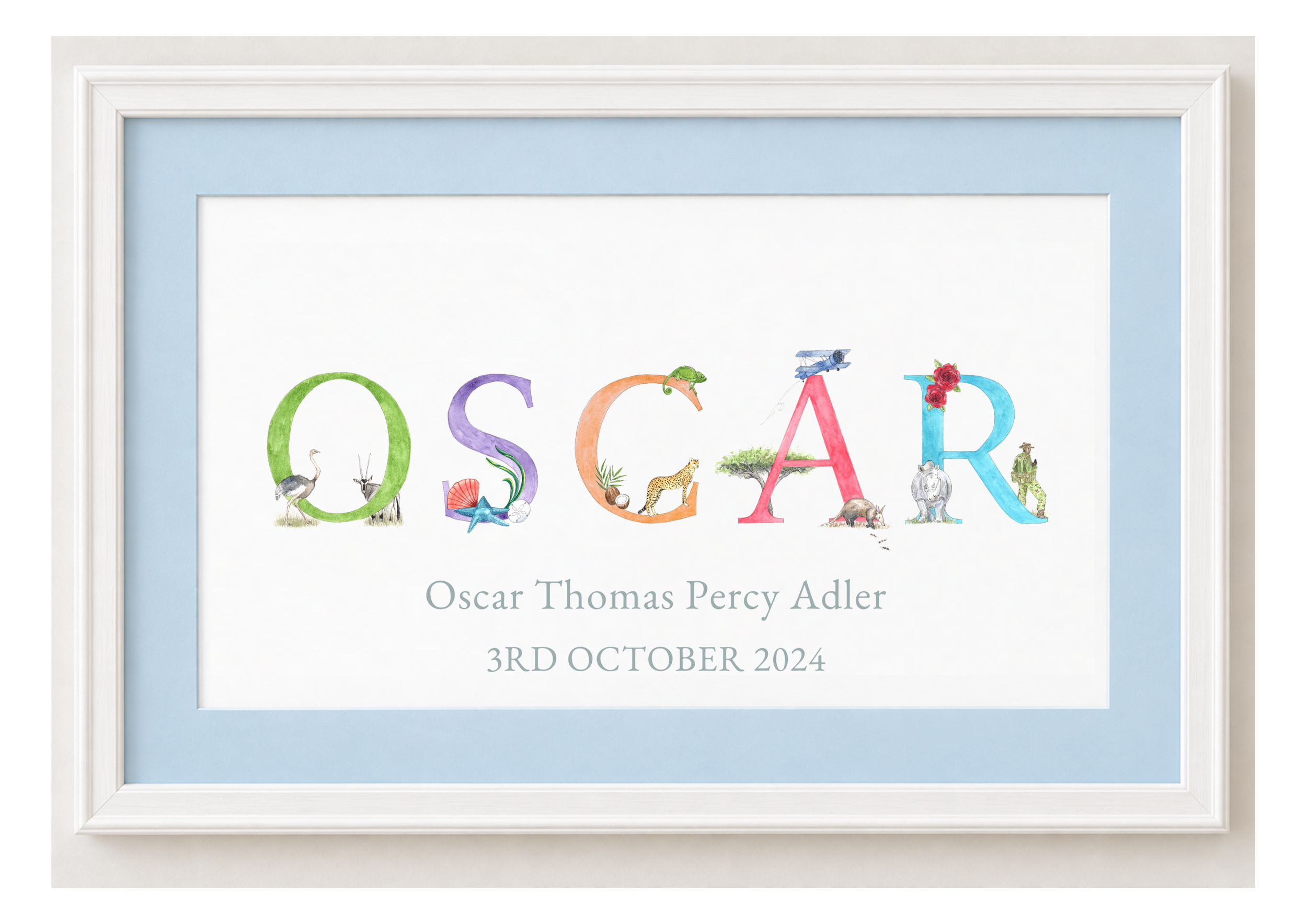Decorative framed poster featuring colorful illustrated letters spelling "OSCAR" with various animals and objects integrated into each letter, and some text below with the name Oscar Percy Adler and the date October 3, 2024.